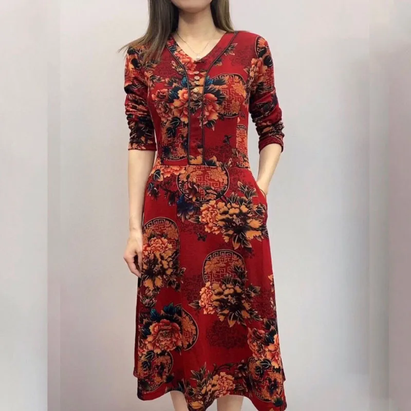 Fashion V-Neck Printed Female Midi Dress Spring New Women\'s Clothing Long Sleeve Elegant Vintage Button Spliced Loose Dresses