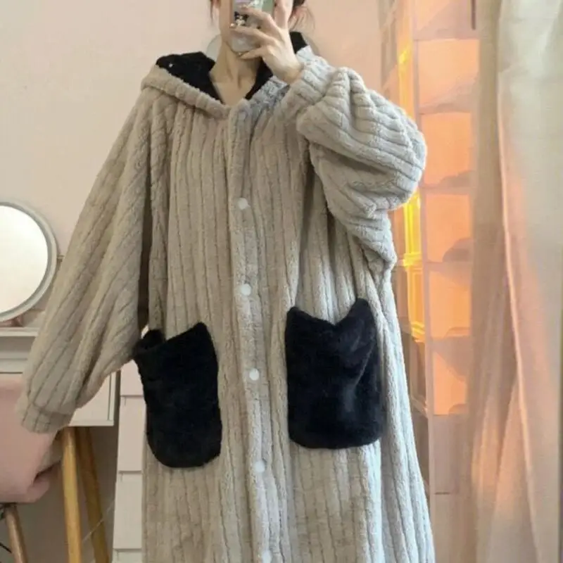 Women's Clothing Coral Fleece Robe Winter Sweet Thicken New Model Long Style Nightdress Pajamas Wearable As Outerwear Homewear