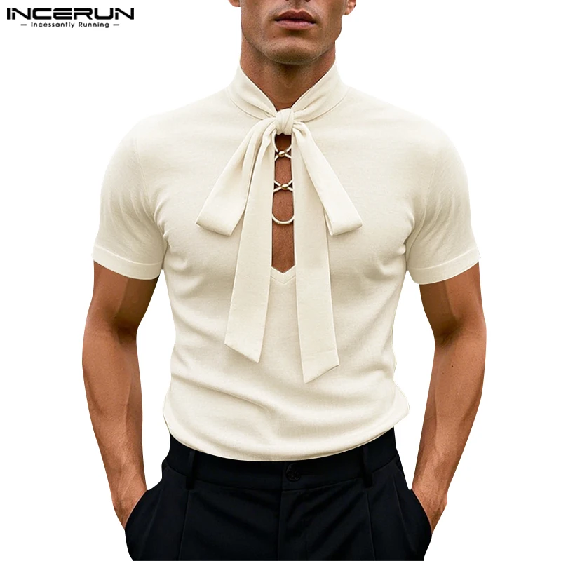 

2025 Men T Shirt Solid Color Lace Up Short Sleeve Hollow Out Men Clothing INCERUN Streetwear Fashion Casual Male Tee Tops S-5XL