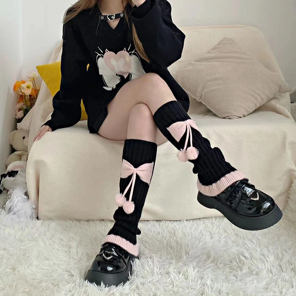 Harajuku Y2k Girls Cute Bow Plush Ball Leg Warmers Socks Japanese Lolita Kawaii Sweet JK Pink Ruffles Knitted Warm Leg Cover