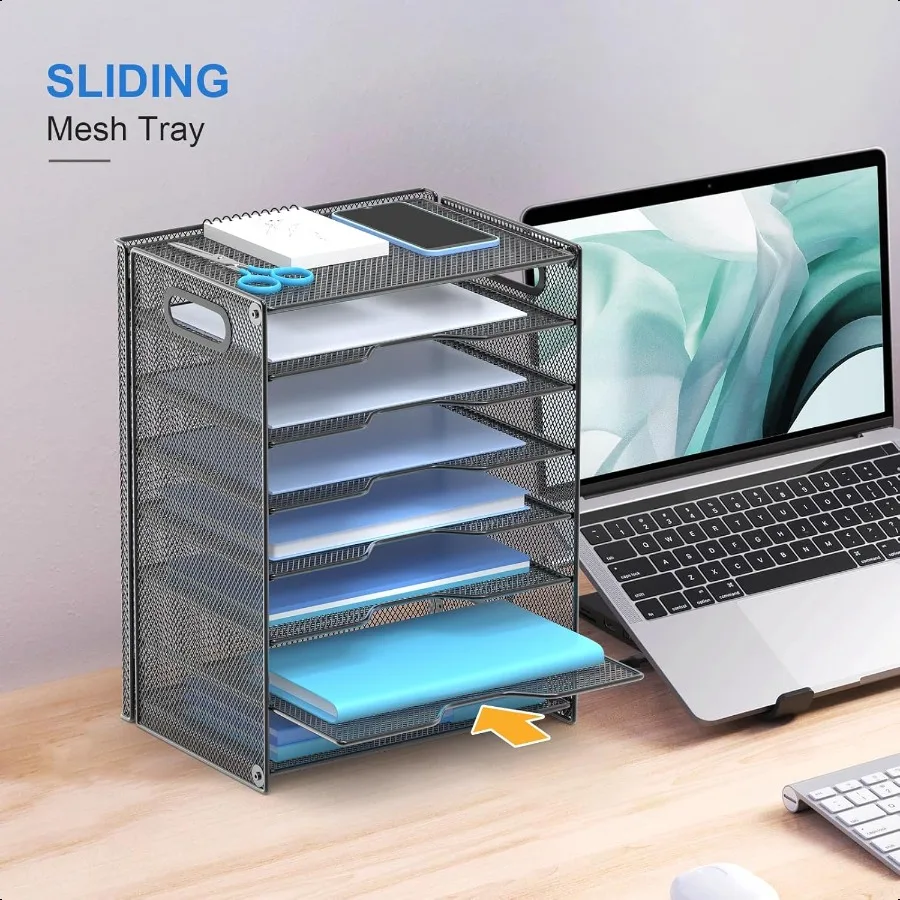 صينية رسائل تنظيم الورق مكونة من 8 طبقات مع منظم مستندات المكتب الشبكي المقبض مع 8 أوراق شفافة ومفرز باللون الأسود