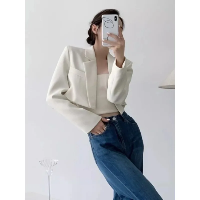 Fashion Women Short Blazer White Basic Jackets Top Elegant Solid Long Sleeve Open Front Coats Casual Short Outwear Office Coat