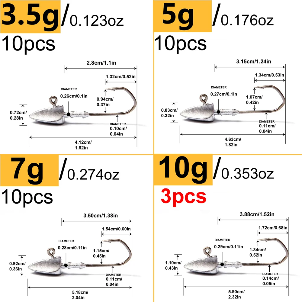 33pcs/box 3.5g/5g/7g/10g Triangle Head Jig Hooks for Soft Worm Fishing Tackle Sea Fishing Hook Lure Bait Combo Set
