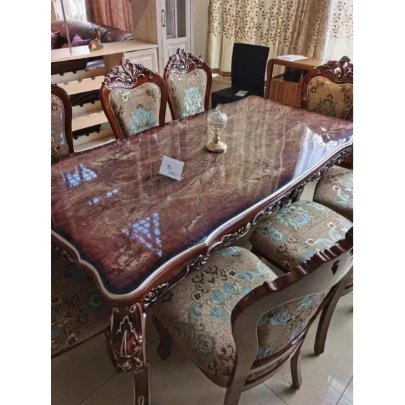Classic Luxury Villa Wooden Long Table Set 4 Chair Seat Home Furniture Royal Antique Restaurant Wooden Dining Table
