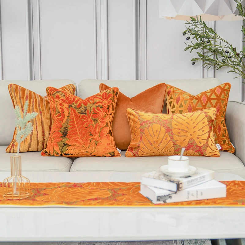 High Quality Velvet Luxury Cushion  Cover High-end Decorative Flocked Orange Plush Pillow Cover For Sofa Living Room Pillowcase