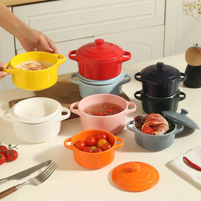 1Pc Small Ceramic Double Ear Bowl - Oven Safe for Steamed Egg Custard, Household Stew Soup, Pudding Baking & Stewing Pot
