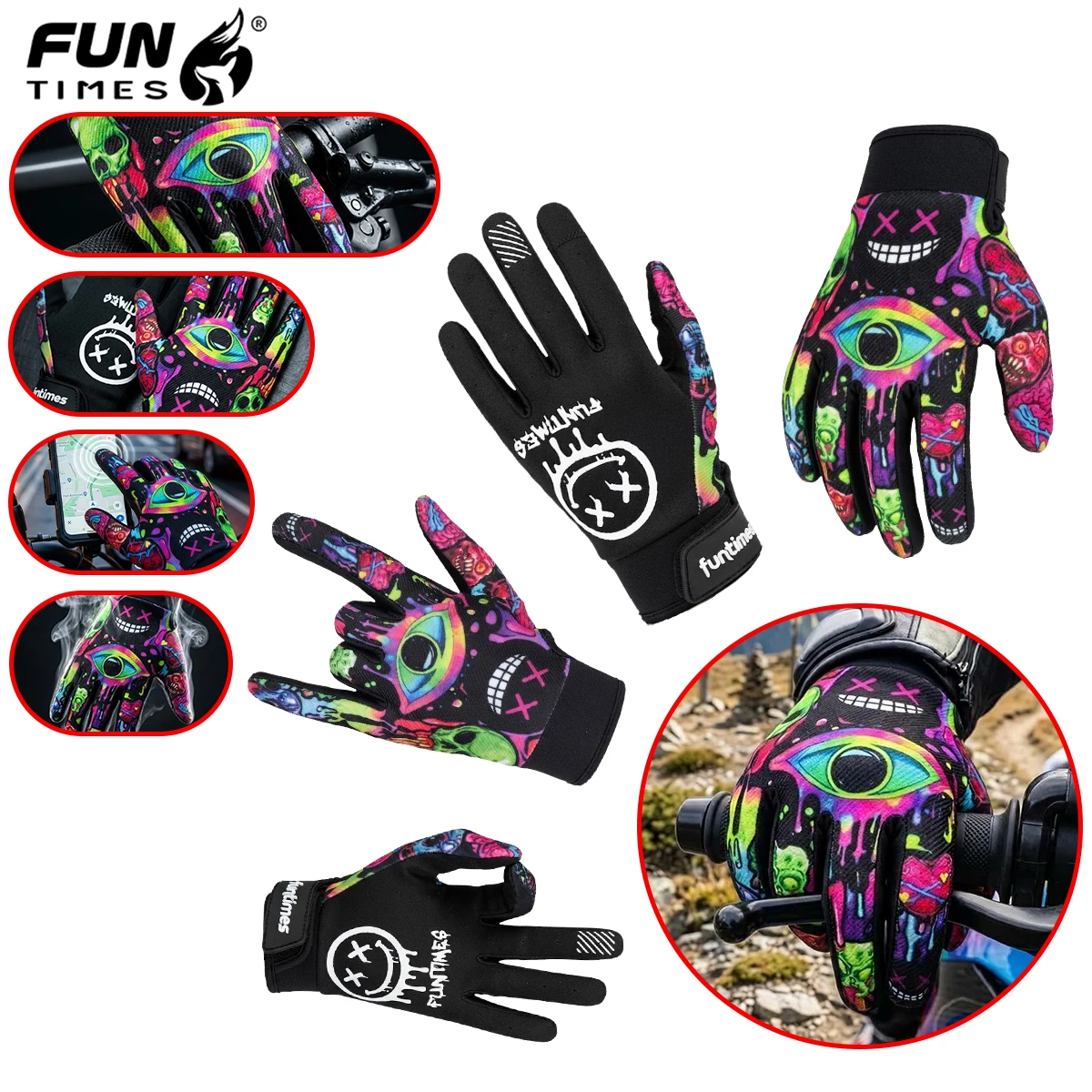 Colorful Strange Eye Printed Full Finger Gloves For Outdoor Sports, Trendy And Cool Men's And Women's Sports Equipment