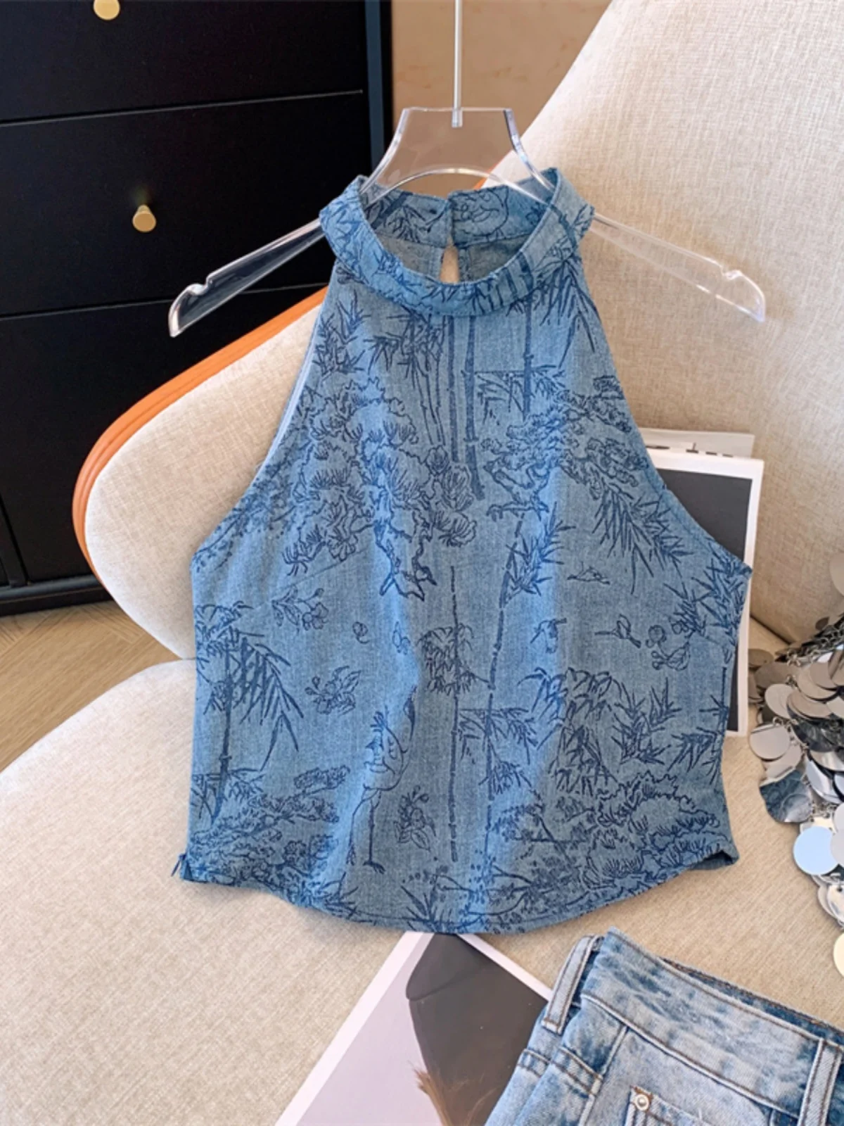 Blue Floral Floating Flower Neck Hanging Vest Women's Short Style Chinese New Summer Spicy Girl Outerwear Shoulder Exposure P...