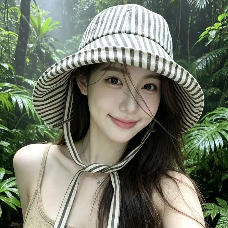 夏のビーチバケーション用女性用ストライプサンシェードフィッシングキャップ、つば広帽子、旅行用頭部保護アクセサリー
