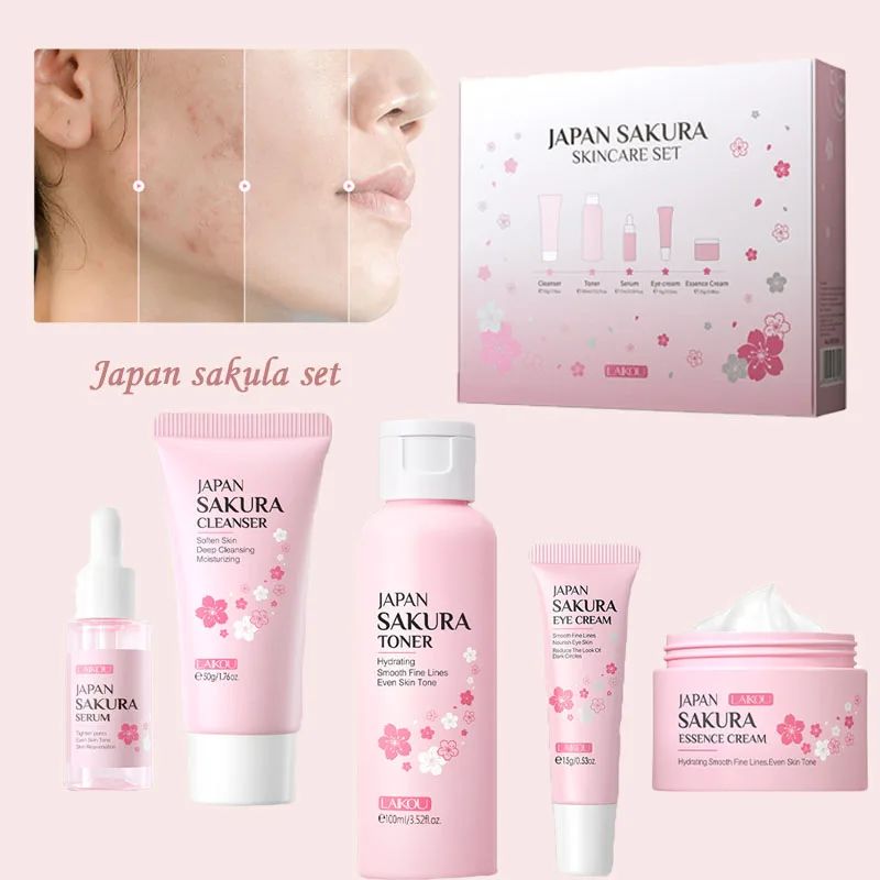 LAIKOU Japan Sakura Skin Care Set Serum Rejuvenating Cream Glowing Moisturizer Fade Blemishes Cleanser Serum Toner Eye Cream Hot