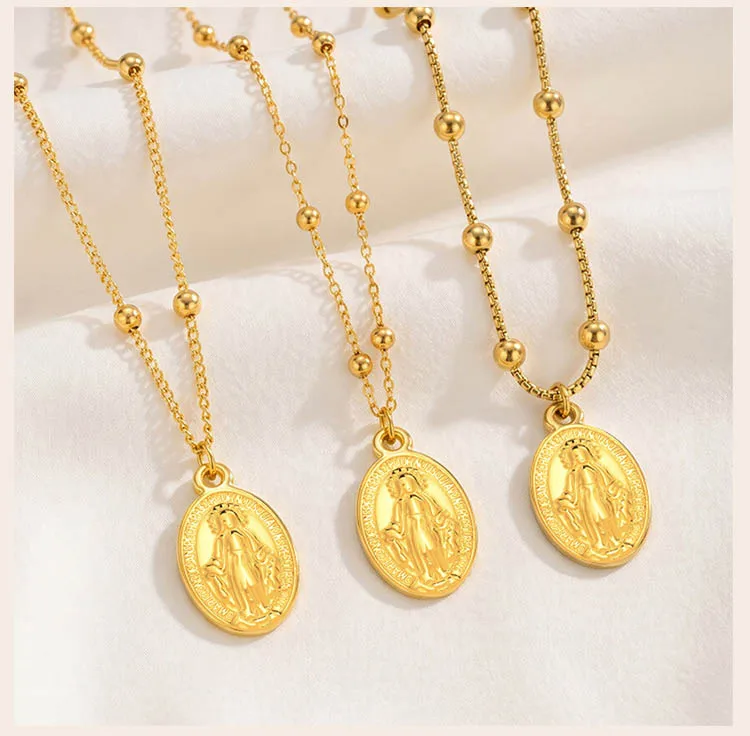 Halskette mit Jungfrau-Maria-Medaille, 18K Vergoldeter Edelstahl, Perlenketten-Stile für Katholisches Geschenk – Detail 4