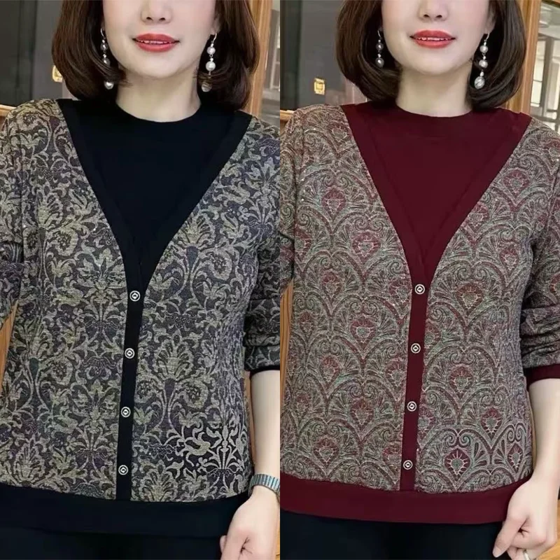 Warm Fleece Lined Loose Women's Top Fake Two-Piece Style Autumn Winter New Design for Middle-Aged And Elderly Slimming Versatile