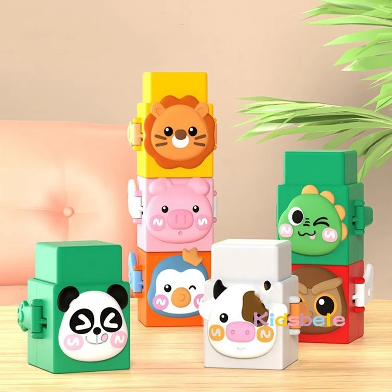 Bebê educacional empilhamento brinquedos diversão empurrar ligação animal bloco de construção conjunto brinquedo mesa dos desenhos animados animal pilha brinquedo adorável