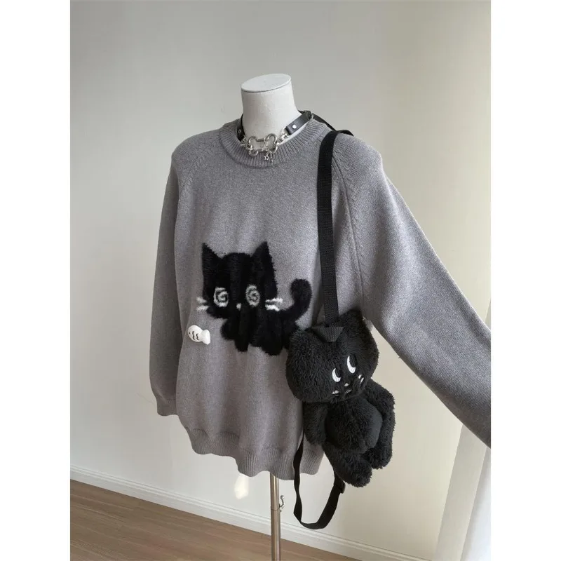 Deeptown grau süße Frauen Pullover Katze Stickerei Harajuku japanische Mode gestrickte Pullover Langarm lose Herbst jugendlich