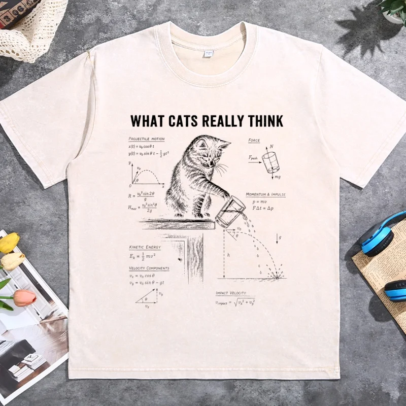 What Cats Really Think T-Shirt Funny Cat Physics Tee Cat Knocking Glass Graphic T Shirts Casual Round Neck Printed Tshirts
