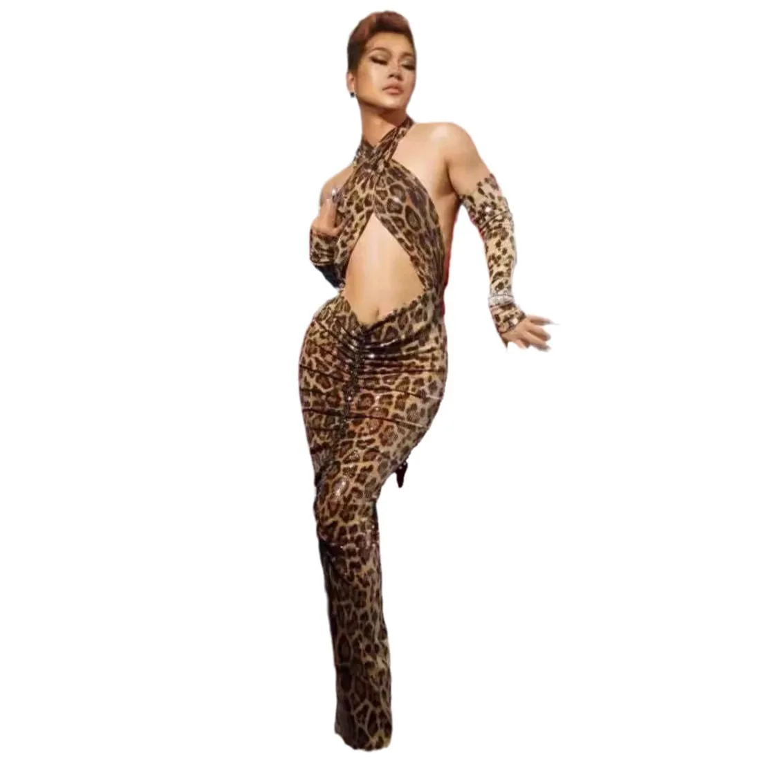 Performance di compleanno Abbigliamento da donna taglie forti Paillettes sfuse Abito con stampa leopardata cava Abito da performance di fascia alta per feste da donna