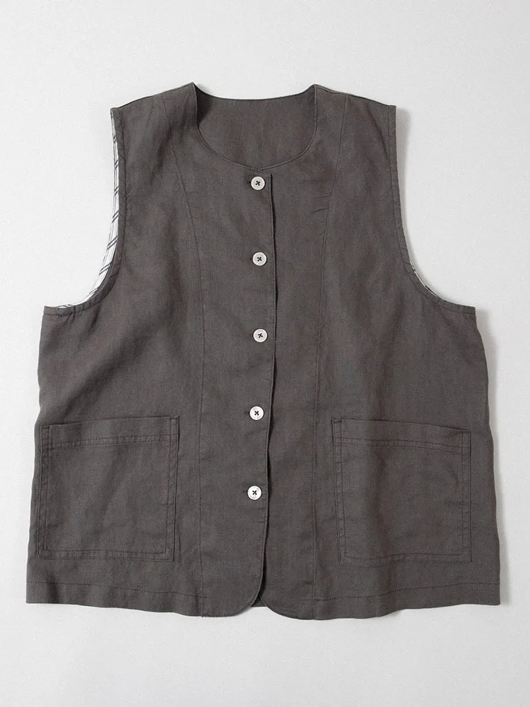 ชุดเสื้อกั๊กและกางเกงผ้าลินินสไตล์เรโทรทรงหลวมสบายๆ สำหรับผู้หญิง แฟชั่นฤดูร้อน ชุดสองชิ้น ทรงกลม ความยาวเจ็ดฟุต