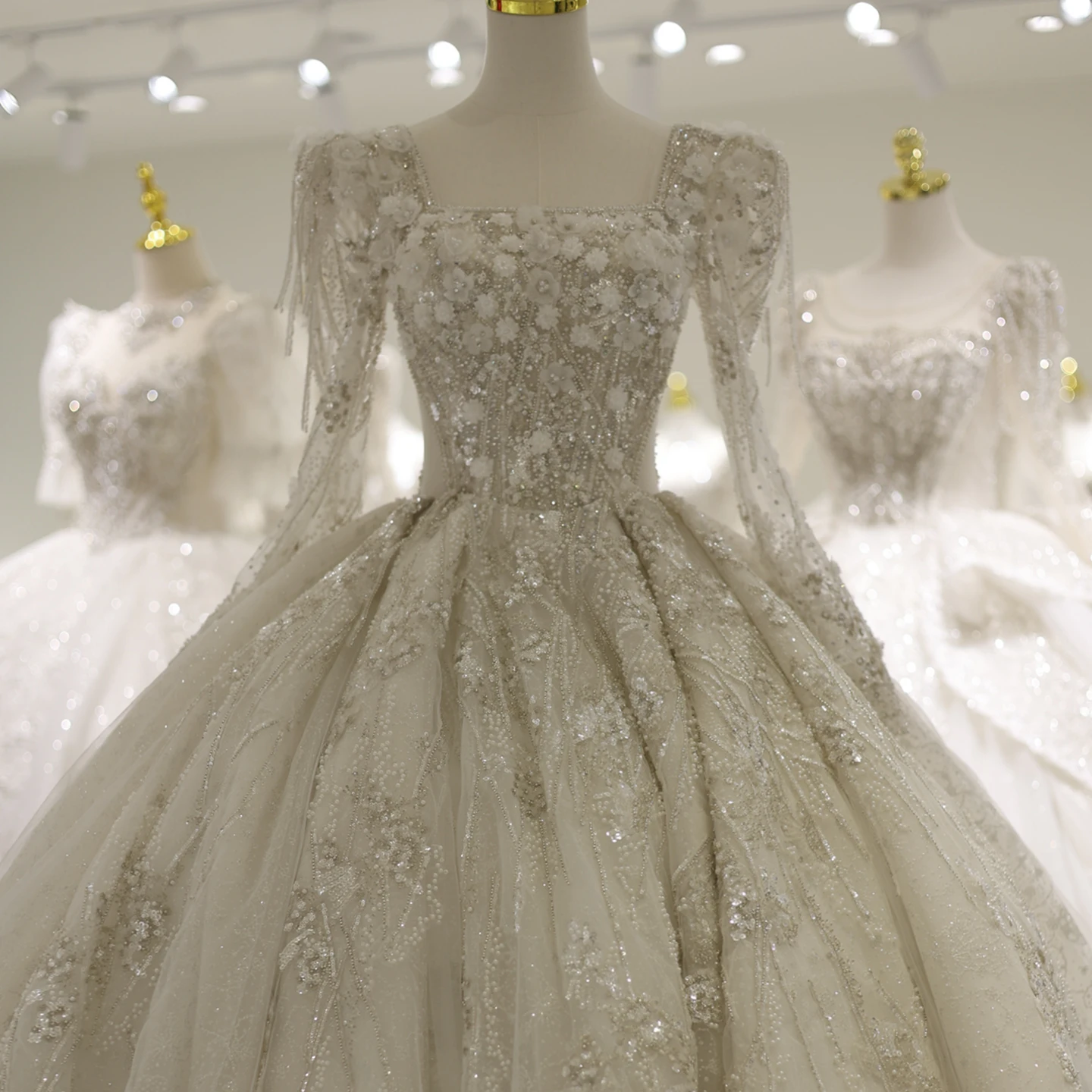 Sharon disse luxo 3d flores rendas mangas compridas vestido de casamento elegante decote quadrado vestido de baile vestidos de noiva rs007 personalizado