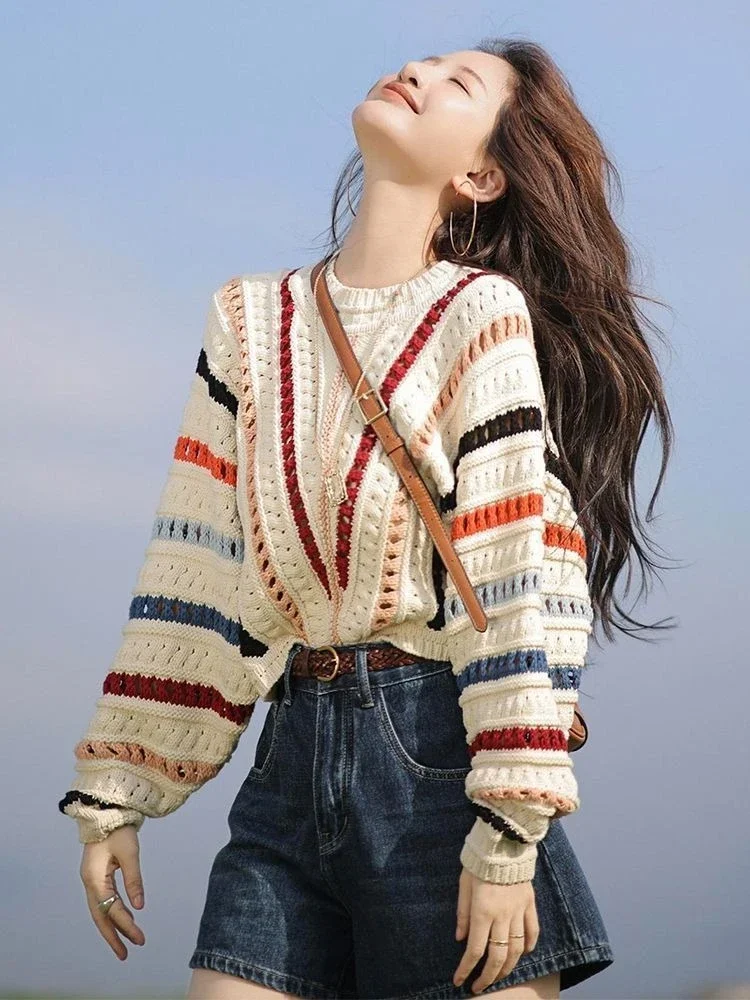 New Fall Winter 2026 Women's Multicolor Stripe Knitted Pullover Relaxed Fit Slouchy Outerwear Sweater Coat