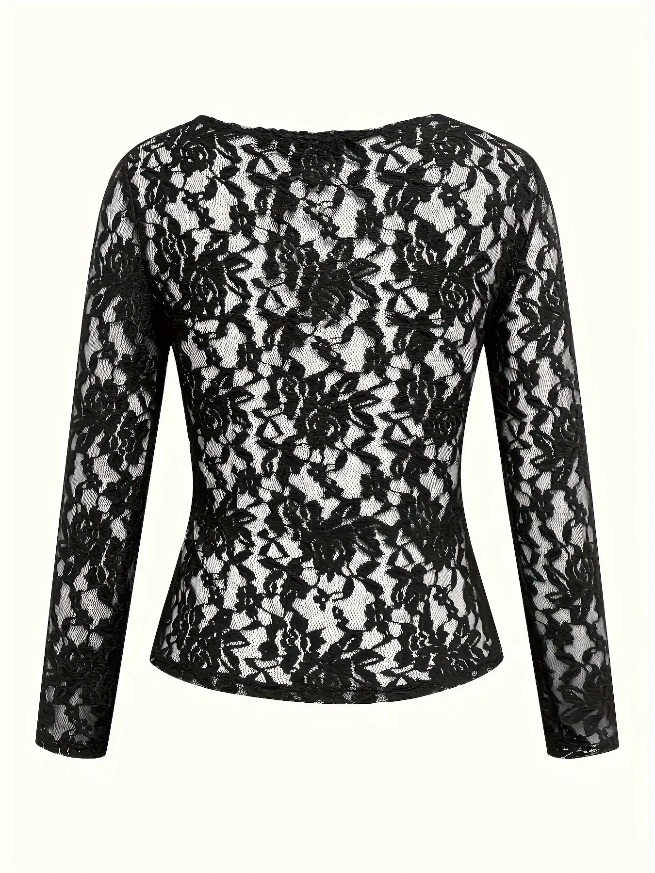 Damen Spitzen-Jumpsuit mit V-Ausschnitt, Langen Ärmeln, Transparentem Netzstoff und Blumenmuster, Figurbetonter Durchsichtiger Einteiler für Party, Clubwear und Alltag – Detail 3