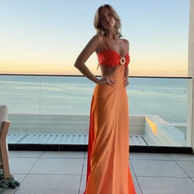 Sexy Gradient Hollow Out Maxi Dress Women Backless Sleeveless Sling Long Dresses 2026 Summer Vacation Boho Beach Satin Robes