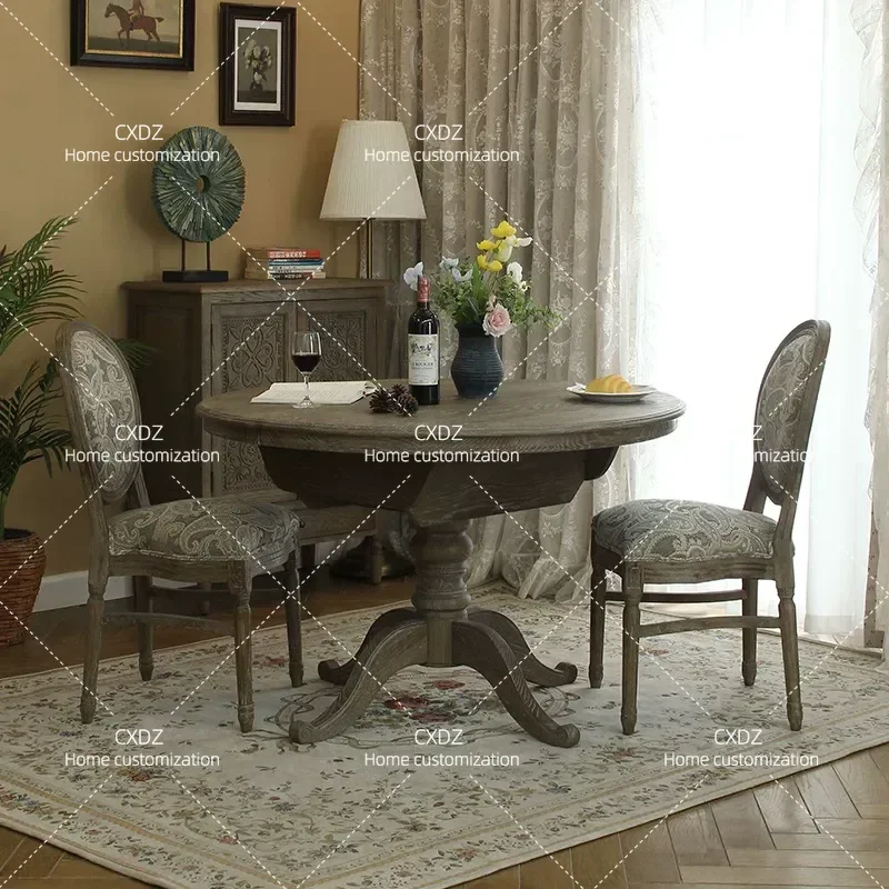 Country Style All Solid Wood Round Dining Table Household Retractable Large Table Retro Oak Dining Table and Chair Set