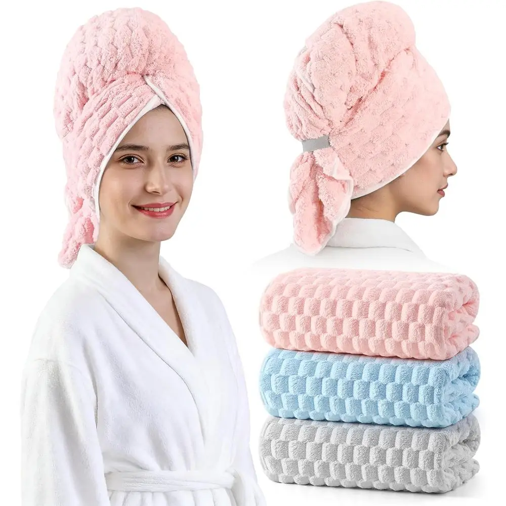 Extra Large Hair Towel Set - 24x42 inch Wraps with Elastic Strap for Long, Thick, Curly Hair