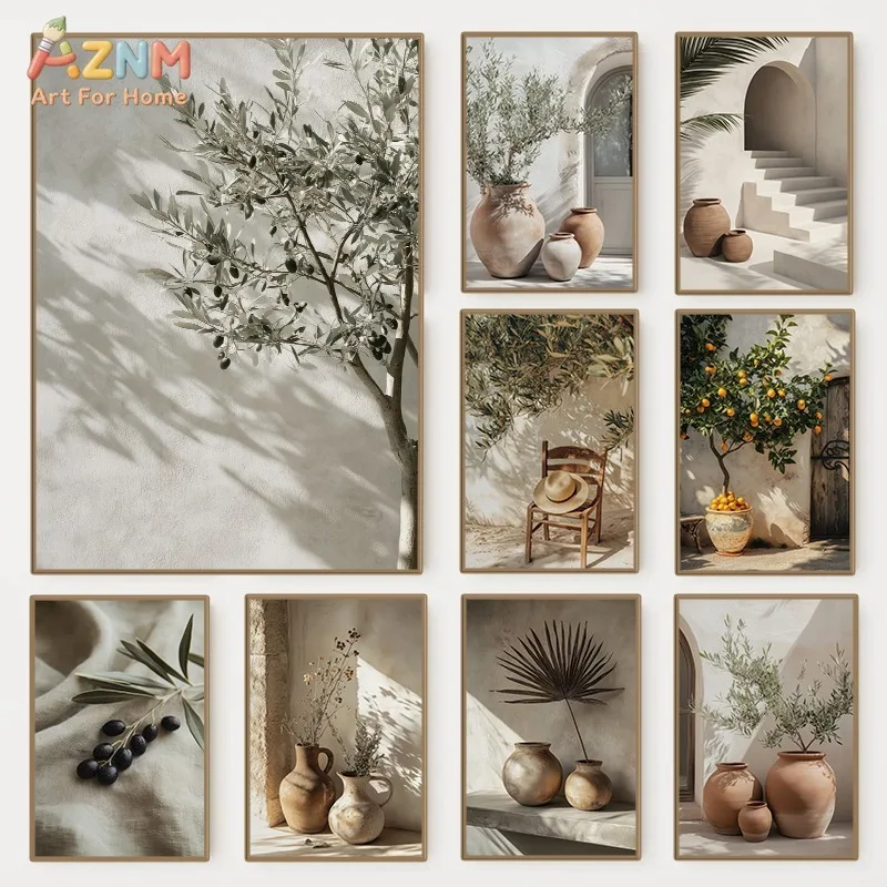 Wabi Sabi Mediterranean Canvas Print Olive Tree Terracotta Vase Poster Neutral Beige Landscape Living Room Wall Decoration
