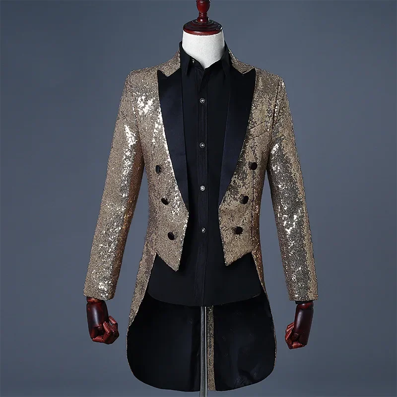 

Shiny Red Sequin Glitter Embellished Tuxedo Blazer Men Nightclub DJ Party Wedding Tailcoat Suits Mens Stage Singer Costume Homme