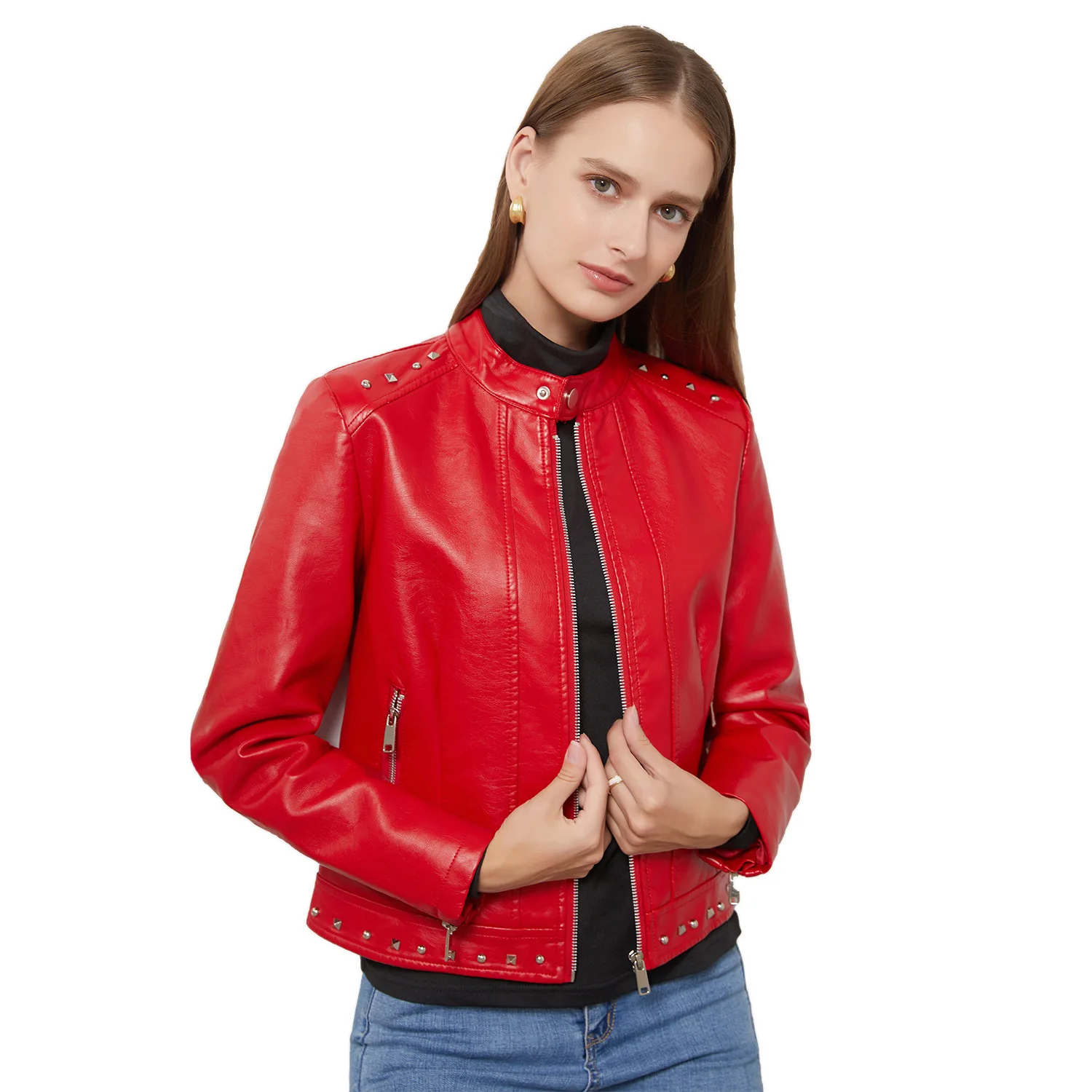 Plus Size Damen Leder Jaet Casual Frühling Herbst Oberbekleidung Langer Sve Slim Fit PU-Ledermantel mit Paillettendetail