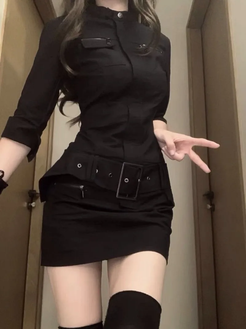 Autumn Vintage Cargo Clothing Black Slim Y2k Mini Dress Short Party Elegant Bodycon One Piece Korean Fashion