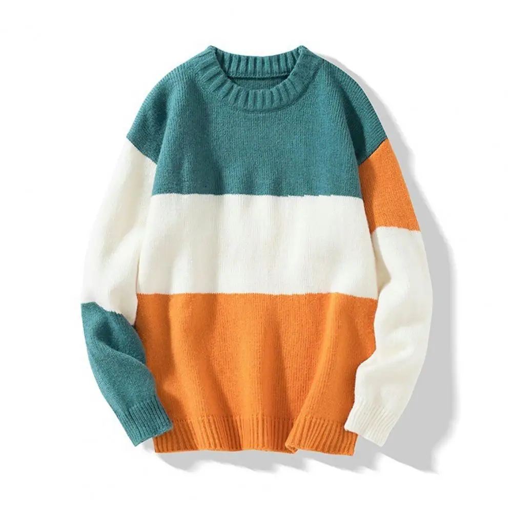 Men Loose Cut Sweater Lightweight Breathable Knitted Sweater Men\'s Colorblock Knitted Sweater with Round Neck Long for Fall