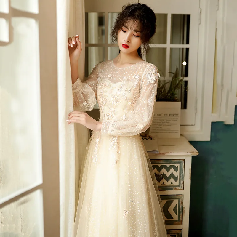 

Champagne Applique Prom Dress Mesh Long Sleeve Floor Length Party Gown Large Size Women Formal Banquet Dresses