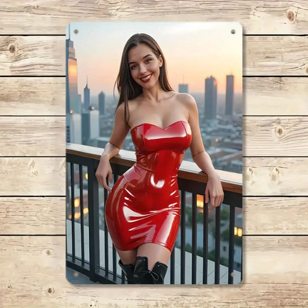 Elegant Women Iron Wall Art 8x12 Inch Red Off-Shoulder Robe Metallic Plaque Cityscape Glossy Home Bar Cafe Garage Decor