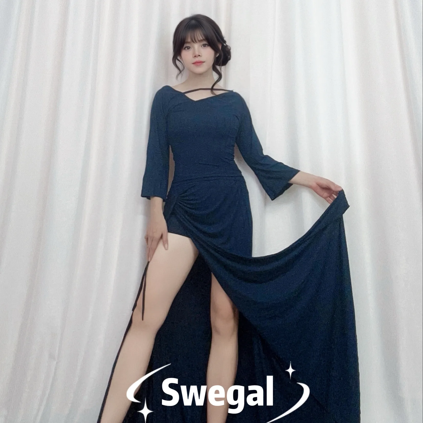 Customized Belly Dance Practice Dress with Hidden Blue Pit Stripes and Micro Pulling Seven Sleeve Big Swing Skirt Eastern Dancer