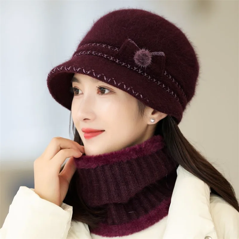 Rabbit Wool Knit Hats Women Warm Brand Winter Beanies Caps Lady Siamese Bib Hat Female Hair Windproof Plus Velvet Cap 2022