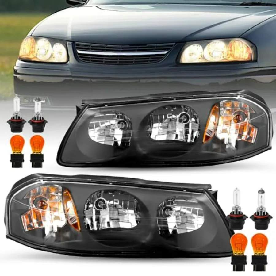 

Headlight Assembly with Bulbs Included Compatible with 2000-2005 Chevy Impala Black Housing Amber Reflector
