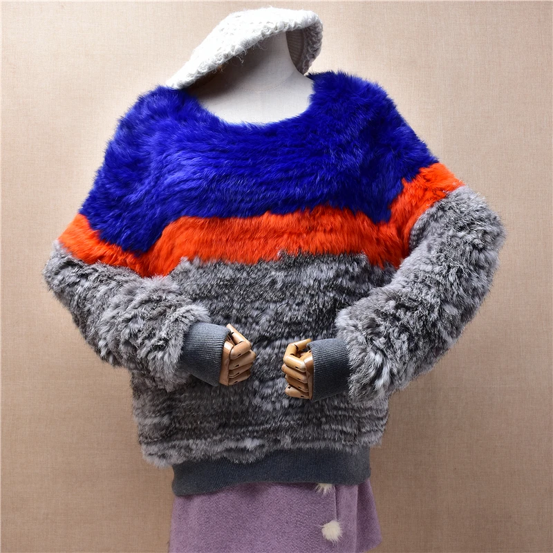 

Women Mujer Autumn Winter Fashion Striped Hairy Real Rex Rabbit Hair Knitted O-Neck Long Sleeves Loose Pullover Sweater Jumper