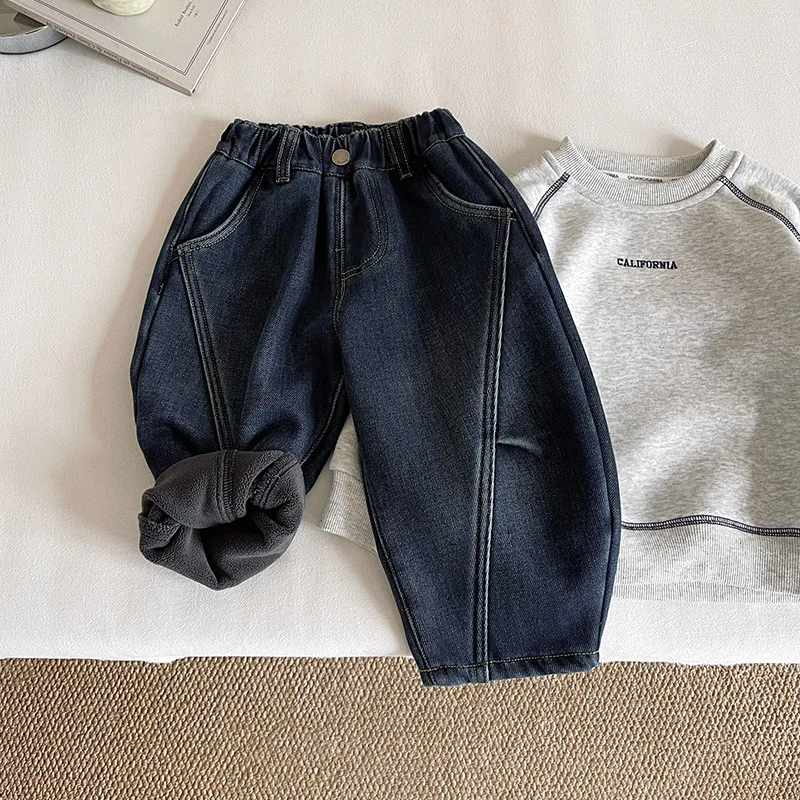

Kids Clothes Winter Pants New Korean-style Loose-crafted Denim Pants with Thickened Stitching and Thickened Fleece