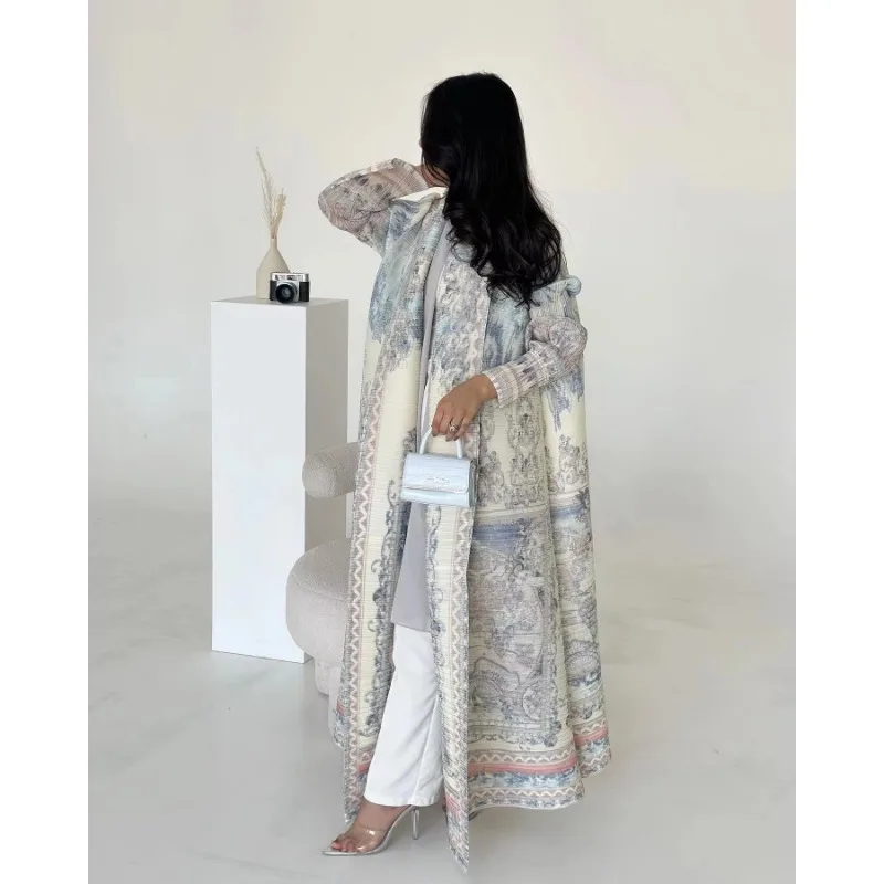 KAF Women Large Size Abaya 2025 Spring  Autumn New Retro Printing Cardigan Tie Original Design Dubai Luxury Female Abaya