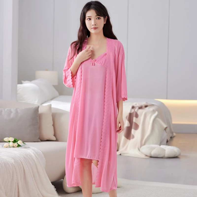 2PCS Sexy Lace Lingerie Silk Satin Nightgowns Robes Sets for Women 2024 Summer Sleepwear Bathrobes Nightdress Night Dress Nighty