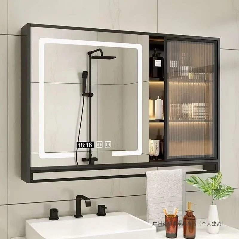 Smart bathroom mirror cabinet separately wall-mounted anti-fog solid wood rack with light, bathroom mirror storage integrated