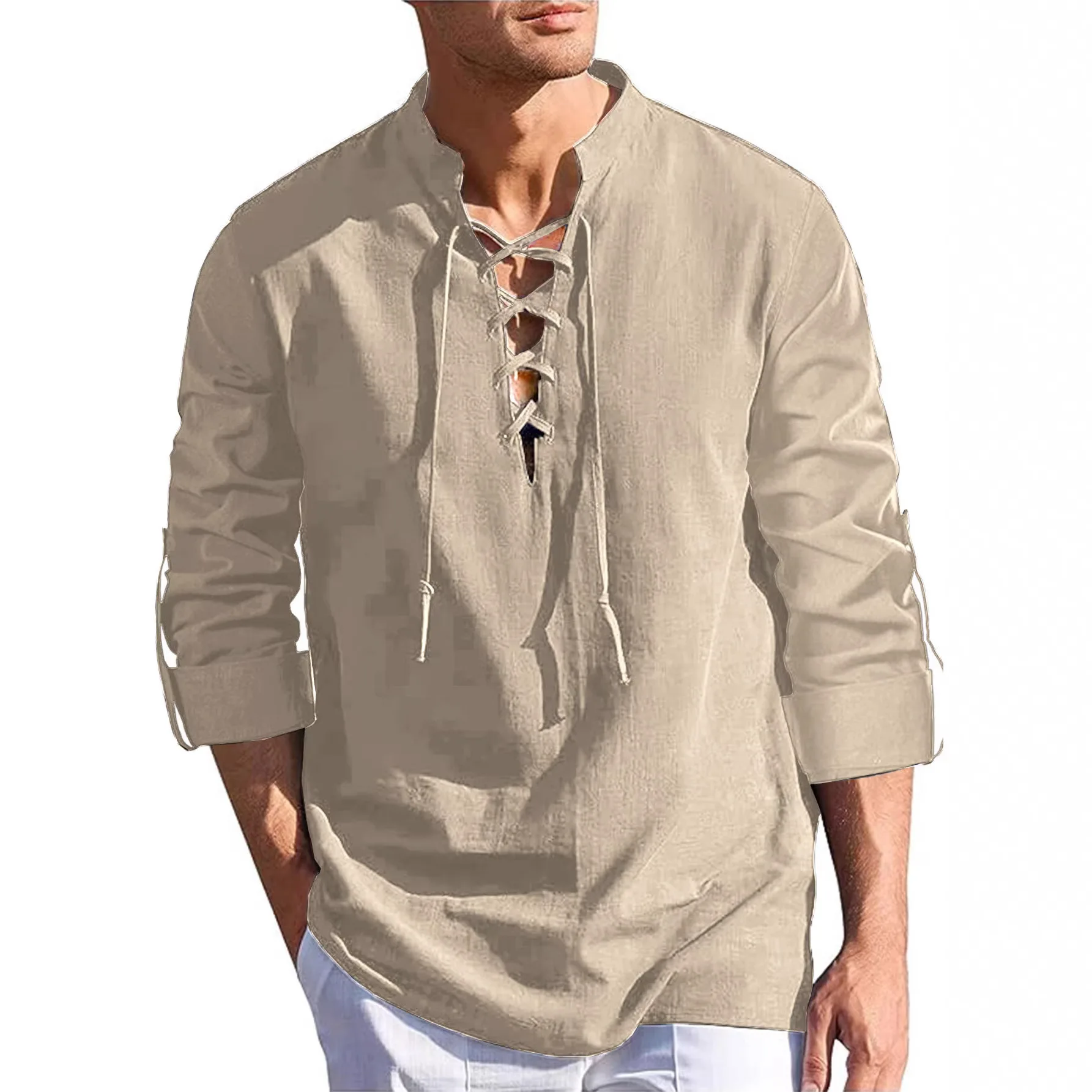 

2026 Amazon Men's Cotton and Linen Henley Shirt Long Sleeve Casual Beach Stand-Up Collar Shirt