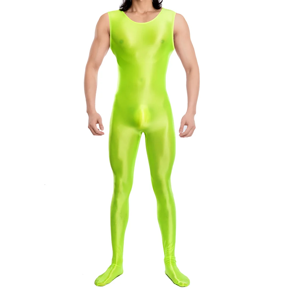 Solid Color Glossy Men's Sleeveless Jumpsuit Ultra-thin Perspective Erotic Gay Men's Rompers Elastic Tight Sportswear Bodysuits