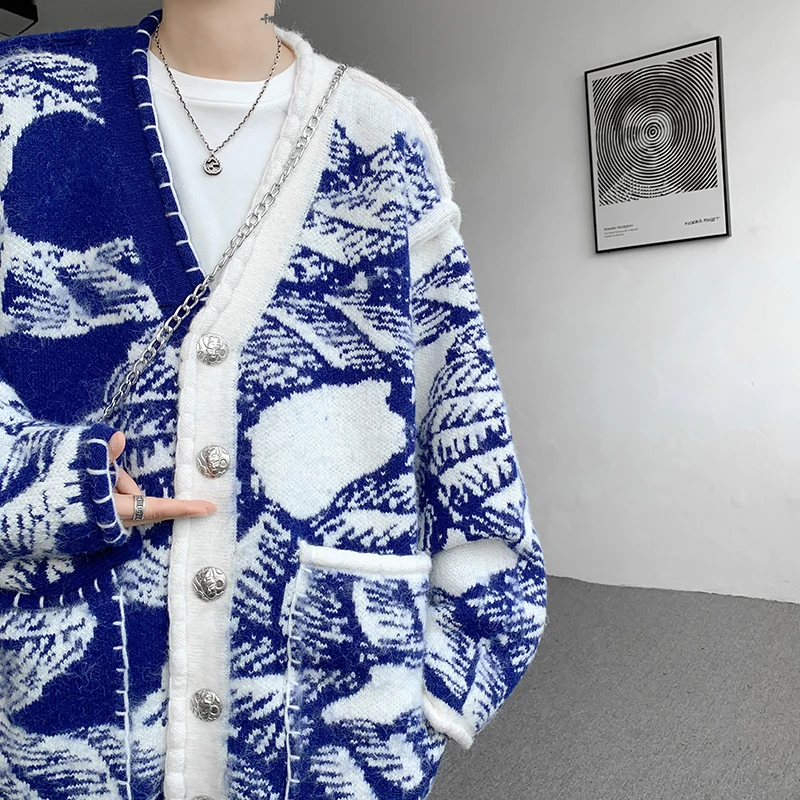 Mannen Gedrukt Trui Jas Top kwaliteit V-hals Gebreid Vest Herfst Chic Elegante Trui High Street Hip Hop Oversized JJ507