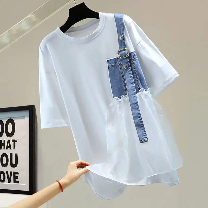 

Summer Casual Gauze Patchwork Denim All-match T-shirt Streetwear Stylish Asymmetrical Pullovers Women's Clothing Short Sleeve