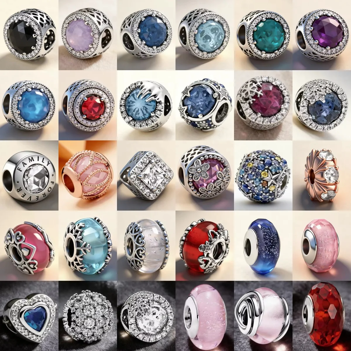 New S925 Silver Pink Blue Multi Color Heart Shaped Circular Perforated Glass Bead Charm Fit Bracelet DIY Exquisite Jewelry
