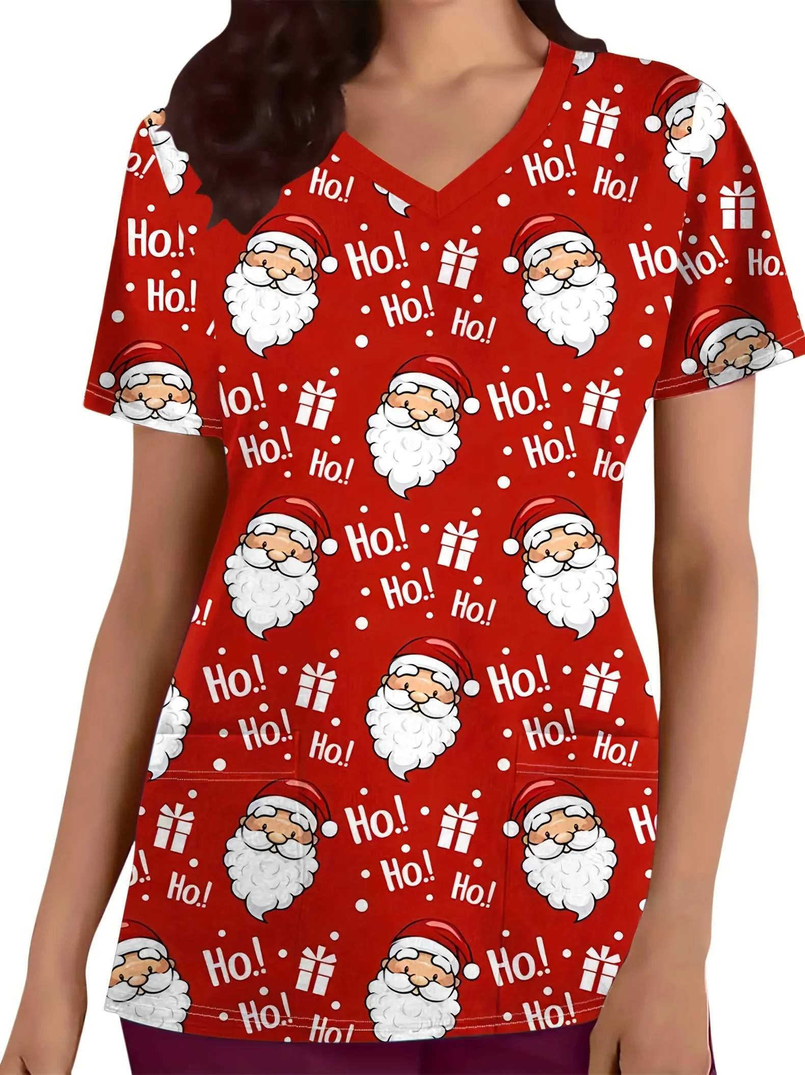 Festive Christmas Santa Claus Print V-Neck Top with Pockets Comfortable Stylish Women's Nurse Uniform,Short Sleeve,Polyester