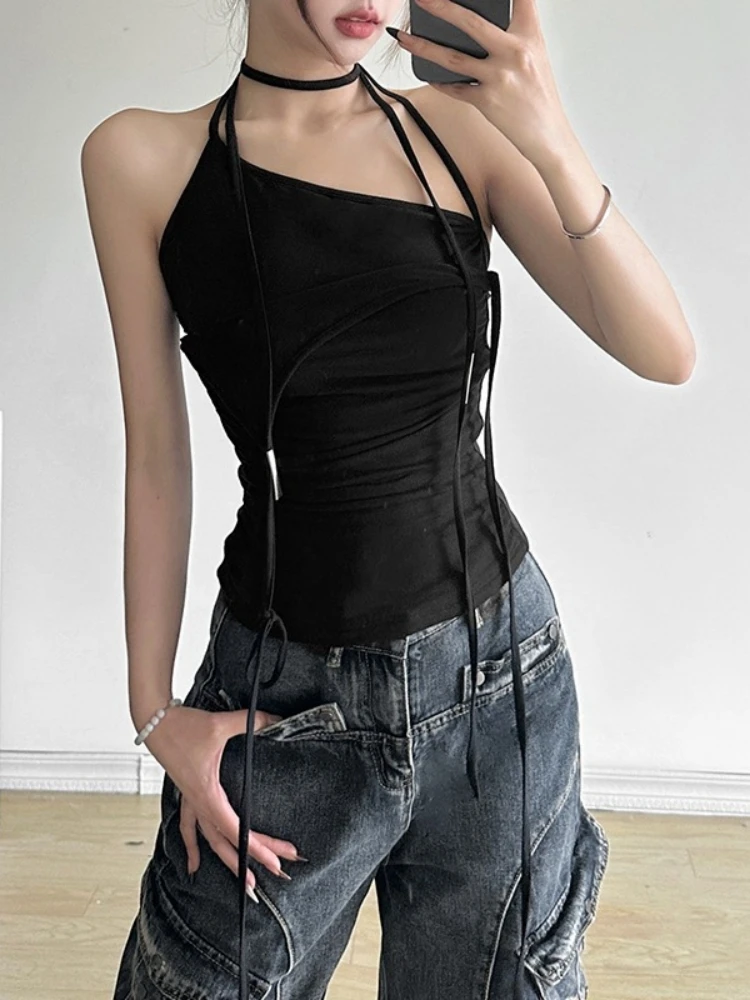 

Solid Black Halter Top Neck-mounted Crop Top Women Edgy Clothes Y2k Accessories Backless Camison Verano Korean Fashion Clothing