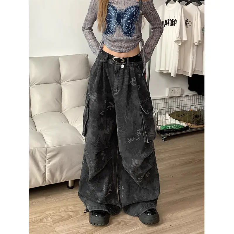 

American Fashion Retro Street Multi Pocket Work Pants for Women with A Tacky Style and Loose Jeans Trend Female Clothing